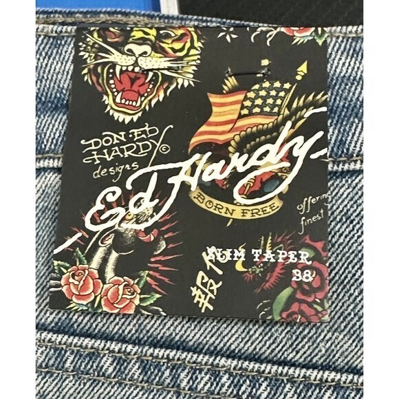 Ed Hardy Designer Slim Taper‎ Eagle Print Light Blue Denim Jeans Size 38 NWT - Picture 8 of 9